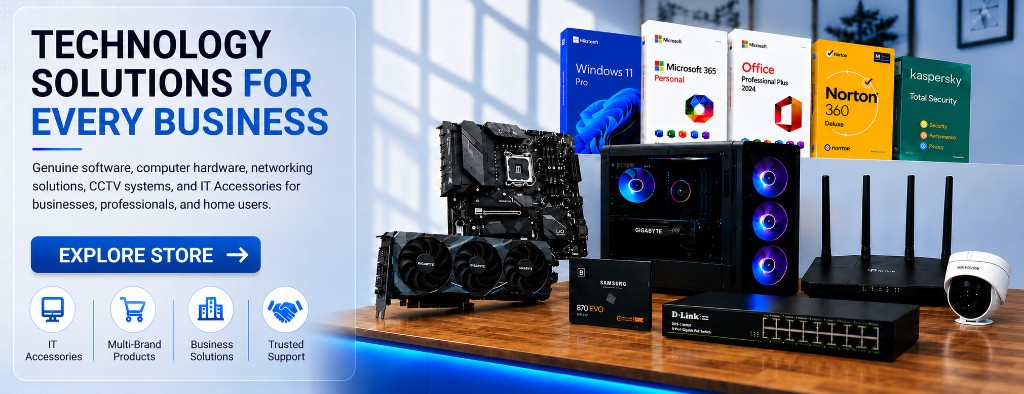 Technology solutions for every business — genuine software, computer hardware, networking solutions, CCTV systems, and IT accessories